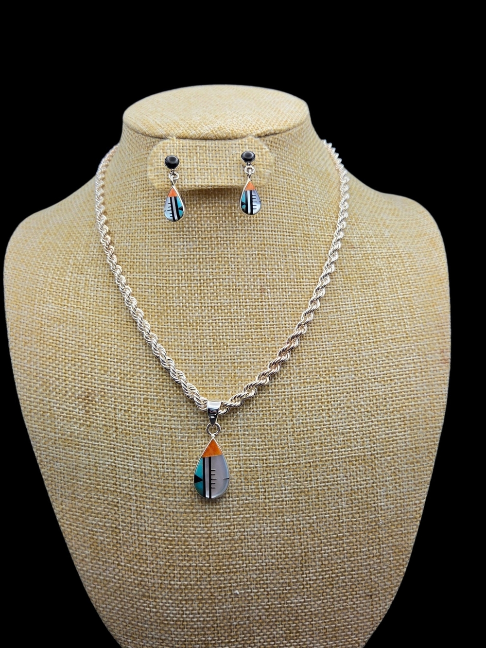 Sterling Inlay Teardrop Pendant Necklace and Earring Set - Multicolor